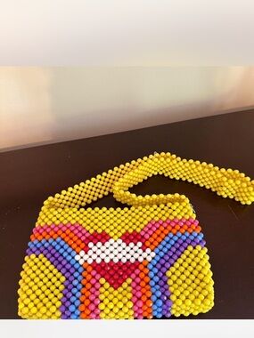 Colorful Beaded Shoulder Bag - Yellow with Rainbow Pattern